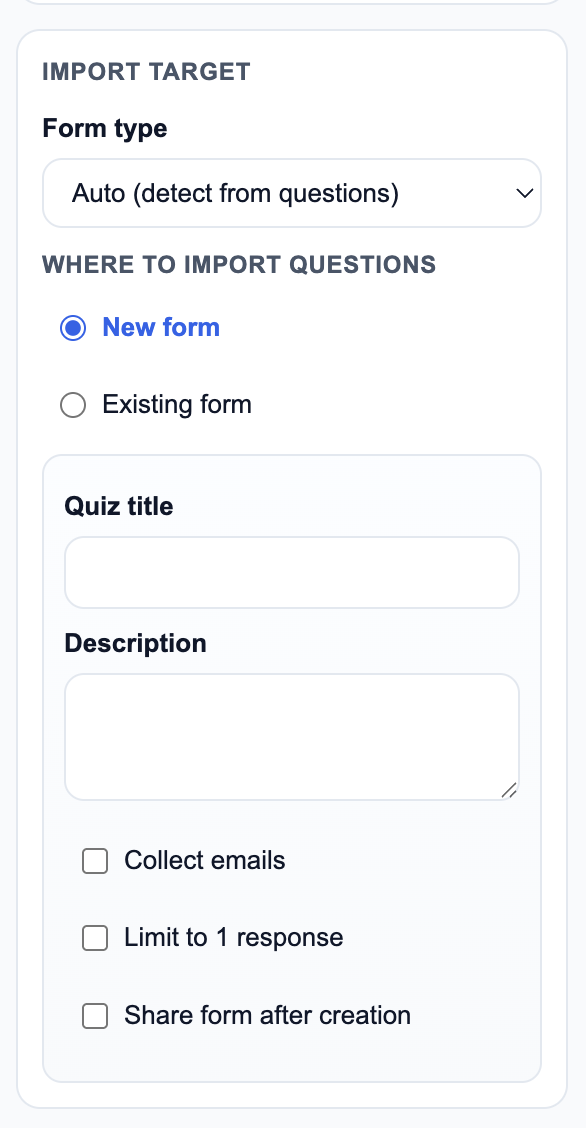 Tab2Quiz forms settings screenshot