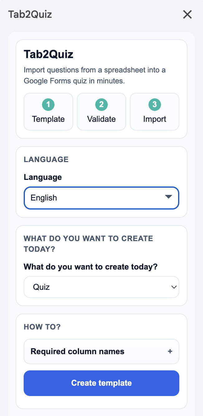 Tab2Quiz menu screenshot